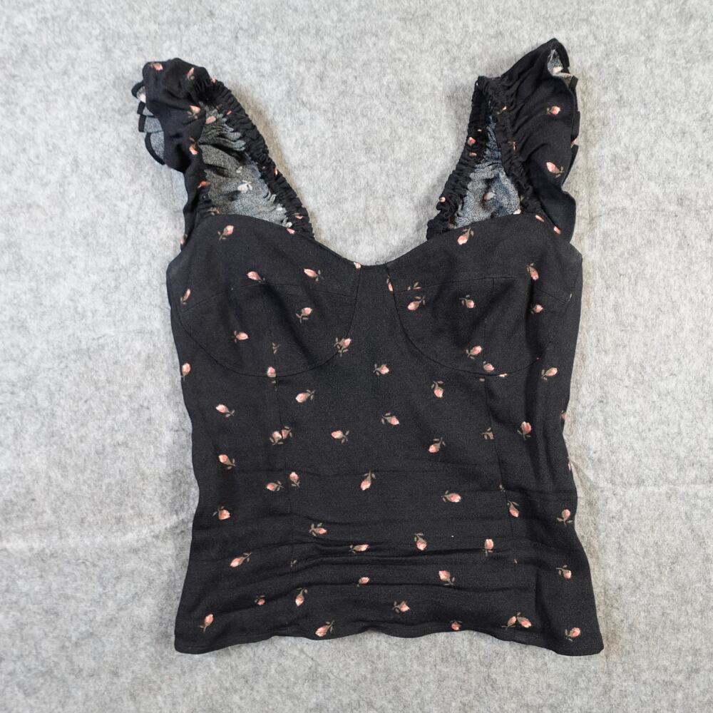 Reformation Top Womens 2 Elena Coco Black Rose Floral Ruffle Sweetheart Crepe - Picture 3 of 10